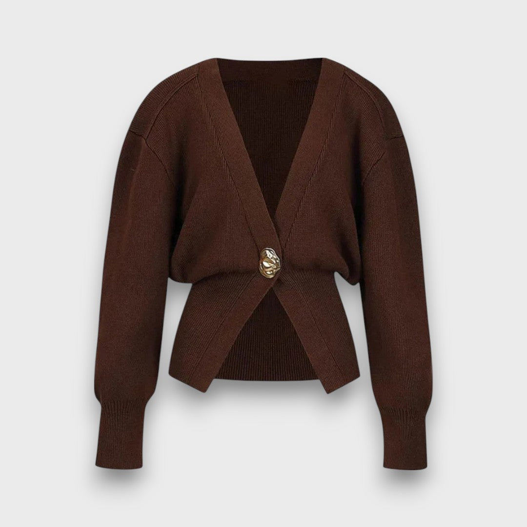 Enea – Kardigan z głębokim dekoltem w kształcie V i złotym guzikiem